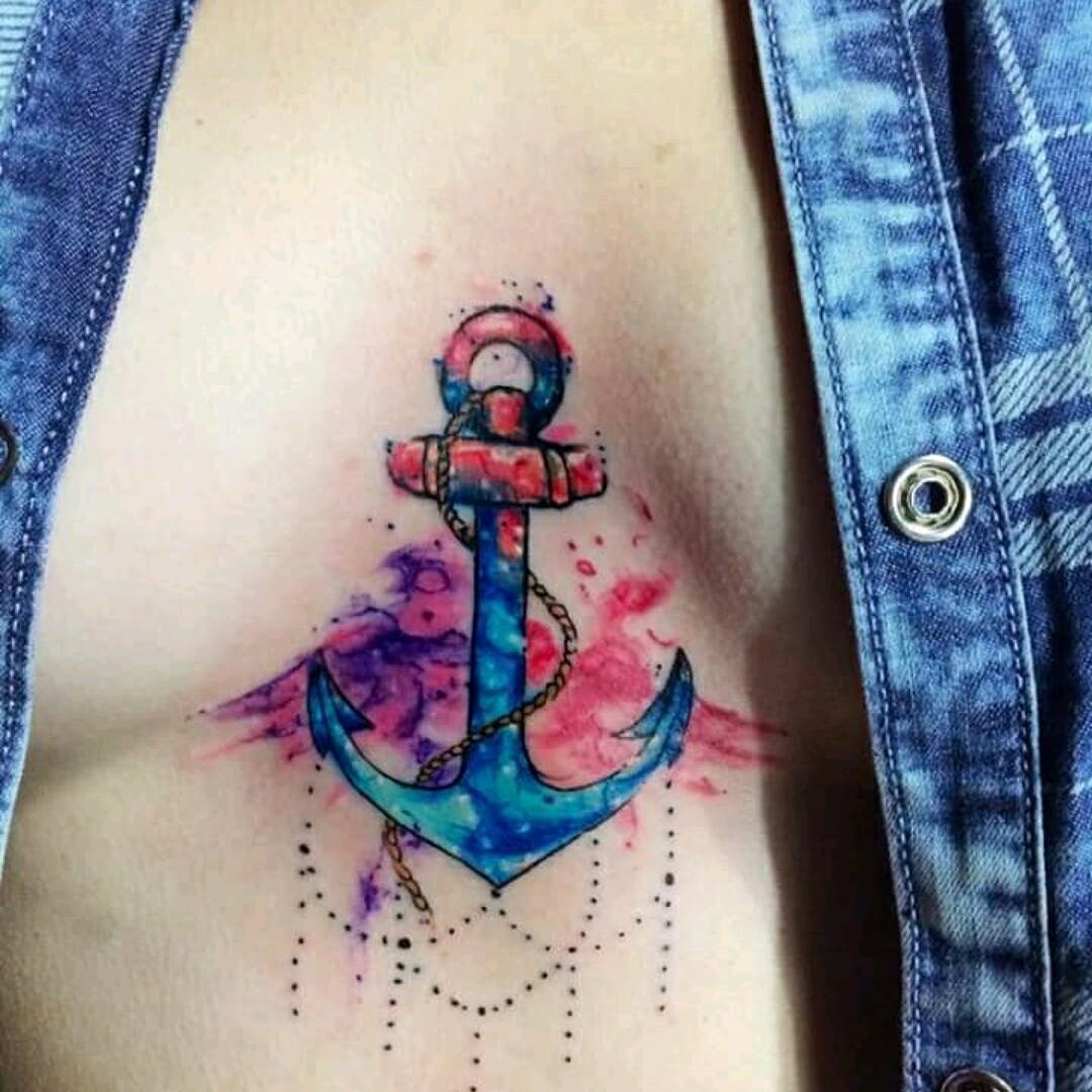 Anchor tattoo on watercolor breasts